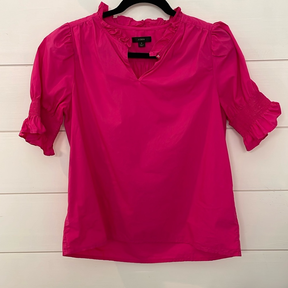 JCrew bright pink ruffle collar blouse
